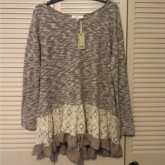 entro Tops - Entro NWT Ladies Long Sleeve Lace Lightweight Sweater in Mocha/Cream Marled Knit